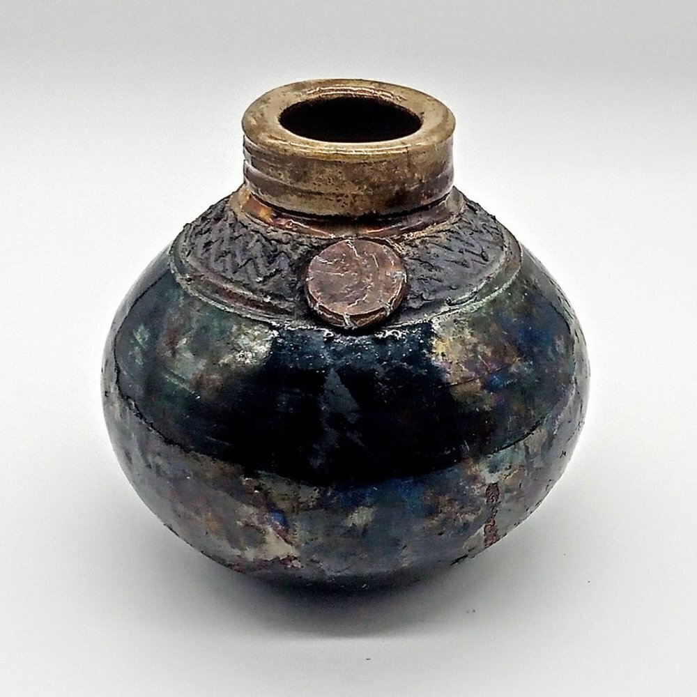 Signed Handmade Raku Small Copper Accent Vase